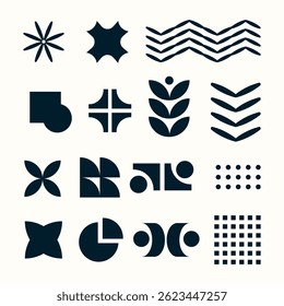 Modern abstract geometric symbols and shapes, retro elements. Brutal forms and figures set. Swiss design aesthetic. For branding, pattern design, digital art, web elements, creative design . Vector