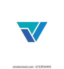 Diseño de logotipo de letra v de triángulo geométrico abstracto moderno con tres secciones interconectadas distintas en colores degradados vibrantes de magenta, púrpura y azul, que representan la conexión, la innovación
