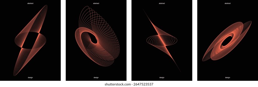 Modern abstract geometric vector line art set. Dynamic designs in white and red-orange on black. Perfect for technology, backgrounds, and branding.