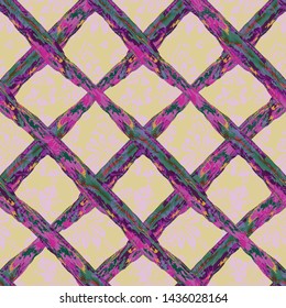 MODERN ABSTRACT GEOMETRIC VECTOR SEAMLESS PATTERN. BACKGROUND WALLPAPER ILLUSTRATION WITH FLOWERS AND CRISS-CROSSED LATTICES DRAWN IN STYLIZED WATERCOLOUR TECHNIQUE.