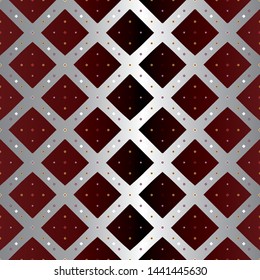 MODERN ABSTRACT GEOMETRIC VECTOR SEAMLESS PATTERN. BACKGROUND WALLPAPER ILLUSTRATION WITH DIAGONAL RECTANGLES, RHOMBUSES, STUDS, EYELETS AND STRIPES.