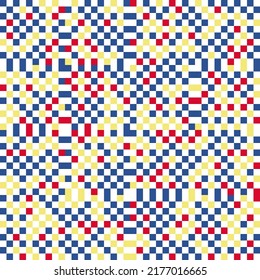 Modern abstract geometric  vector seamless pattern with simple elements and shapes like square, triangle and rectangle. Colorful mosaic in red, blue, orange, yellow, black with white background.
