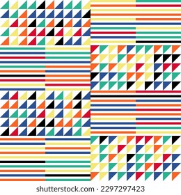 Modern abstract geometric  vector seamless pattern with simple elements and shapes like square, triangle and rectangle. Colorful mosaic in red, blue, orange, yellow, black with white background.
