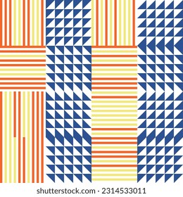 Modern abstract geometric  vector seamless pattern with simple elements and shapes like square, triangle and rectangle. Colorful mosaic in red, blue, orange, yellow, black with white background.
