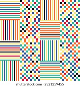 Modern abstract geometric  vector seamless pattern with simple elements and shapes like square, triangle and rectangle. Colorful mosaic in red, blue, orange, yellow, black with white background.
