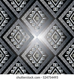 Modern abstract geometric vector seamless pattern background wallpaper illustration with vintage silver greek key,circles,squares,rhombus  and ornaments. Decor 3d  elements with shadows and highlights