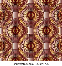 Modern abstract geometric vector seamless pattern background wallpaper illustration with 3d vintage geometrical rhombus, radial circles,tribal ornaments.3d decor elements with shadows and highlights.