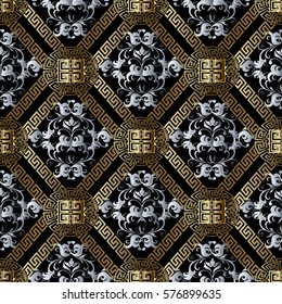 Modern abstract  geometric vector seamless pattern. Floral background wallpaper with vintage  3d  flowers, greek key, triangles, squares, rhombus, circles and antique gold ornaments.  Luxury texture 