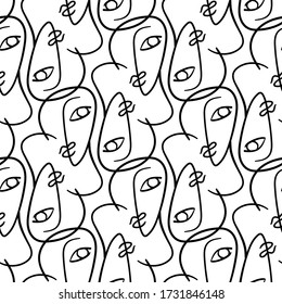 Modern abstract geometric woman faces, eyes, lips, necks vector seamless pattern. Black and white background.