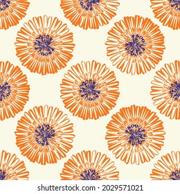 Modern abstract gerbera daisy flower seamless pattern background. Geometric repeat with orange indigo florals on light backdrop. Botanical lino print style design. Simple nature garden all over print