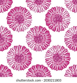 Modern abstract gerbera daisy flower seamless pattern background. Geometric repeat with magenta florals on white backdrop. Botanical lino print style design. Simple nature garden all over print