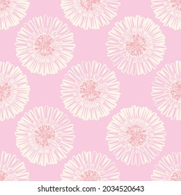 Modern abstract gerbera daisy flower seamless pattern background. Geometric repeat with monochrome pink pastel florals. Botanical lino print style backdrop design. Simple nature garden all over print