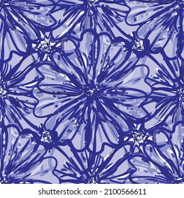 Modern abstract gerbera daisy flower seamless pattern background. Painterly repeat, monochrome periwinkle purple backdrop. Botanical faux lino print design. Overlapping meadow flowers nature blend.