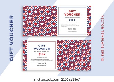 Modern abstract gift card templates. Patriotic discount coupon or certificate mockup with stars geometric pattern. Clean and simple vector editable background with sample text. EPS10