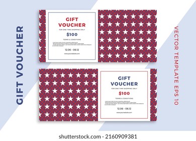 Modernas plantillas abstractas de tarjetas de regalo. Cupón de descuento patriótico o simulación de certificado con patrón geométrico de estrellas. Fondo modificable de vectores limpio y sencillo con texto de ejemplo. EPS10