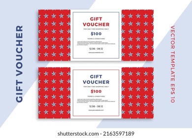 Modern abstract gift card templates. Patriotic discount coupon or certificate mockup with stars geometric pattern. Clean and simple vector editable background with sample text. EPS10