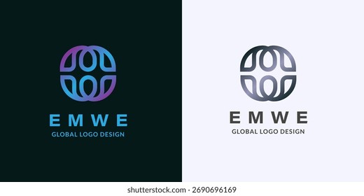 Modern abstract globe logo design featuring interconnected lines, presented in both vibrant gradient and grayscale variations for global branding.