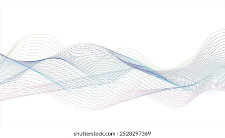 Modern abstract glowing wave background. Dynamic flowing wave lines design element. Wavy flowing curve pattern by colorful gradient blue purple pink on white background.