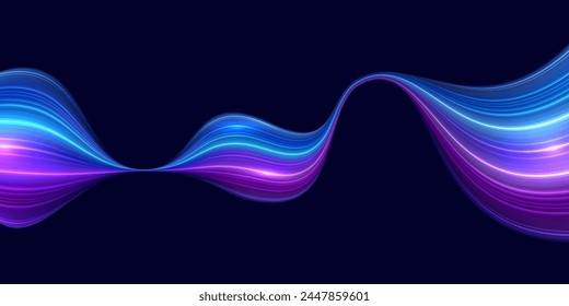 Modern abstract glowing wave lines on dark background. Dynamic flowing wave design element. Futuristic digital technology concept. Vector EPS10.