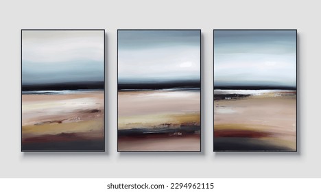 Modern abstract gold and blue textured art vector triptych.