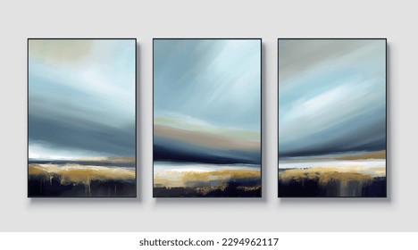 Modern abstract gold and blue textured art vector triptych.