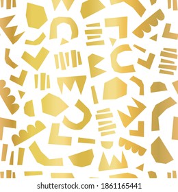 Modern abstract gold foil cut out shapes background. Seamless faux metallic golden shiny collage vector pattern. Contemporary art. Geometric shape pattern for wrapping, packaging, elegant home decor.