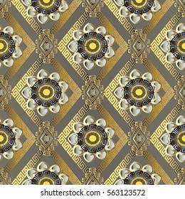 Modern abstract gold geometric vector seamless pattern background wallpaper illustration with vintage gold and silver greek key,circles,squares,rhombus,flowers and ornaments with shadow and highlight