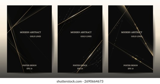 Modernas Líneas De Oro Abstractas Sobre Fondo Negro Conjunto De Diseño De Póster.