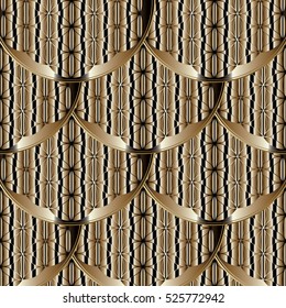 Modern abstract gold seamless pattern. Geometric 3d background. Luxury ornate 3d wallpaper. Stylish vector surface texture with volumetric ornamental decorative circles and waves.Decor  with shadows.