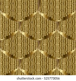 Modern abstract gold seamless pattern. Geometric 3d background. Luxury ornate 3d wallpaper.Stylish vector surface texture with volumetric ornamental decorative gold circles and waves pattern.