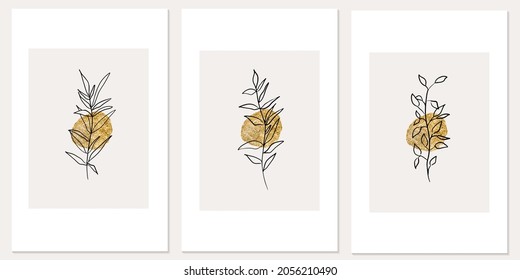 Modern abstract gold texture floral aesthetic posters. Minimalist boho background with organic shapes and linear botanical element. Wall decor in trendy line art style. Vector illustration