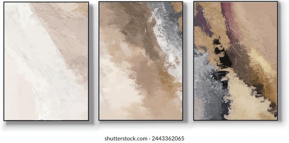 Modern abstract golden textured art oil painting triptych