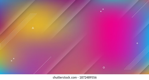 Moderner abstrakter Farbverlauf-Hintergrund mit unscharfem Effekt, kräftigen Regenbogenfarben und Memphis-Elementen.