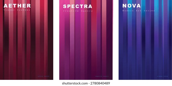 Modern abstract gradient backgrounds, vibrant vertical stripes, dynamic color transitions. AETHER, SPECTRA, NOVA. Contemporary graphic resources for digital design, web, and print projects.