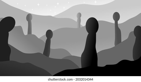 Modern abstract gradient in the form of mountainous nature and the appearance of several ancient stone statues with shades of dark black to light gray, beautiful natural scenery vectors, suitable for 