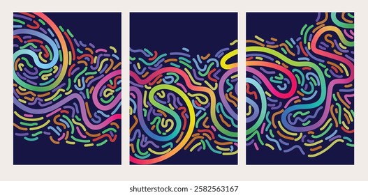  Modern Abstract Gradient Line Art Pack. Abstract Gradient hand drawn Lines Set. Curved Rainbow Gradient Shapes with blank area for copy space paper size vector illustration
