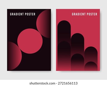 Modern Abstract Gradient Poster Set with Dark Red and Black Geometric Shapes, Minimalist Vertical Backgrounds with Circles and Capsules for Branding and Wall Art Vector Illustration