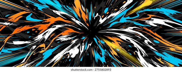 Modern abstract graffiti background of fast lightning comic explosion effects in neon colors.