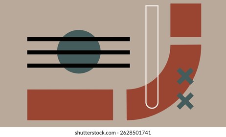 Gráfico abstracto moderno compuesto de líneas Horizontales, Formas en negrita y símbolos X en tonos cálidos de color topo y rojo. Diseño minimalista y elegante.