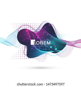Modern abstract graphic design element with geometric lines and dots, wave flow. Geometrical dynamic shape for your design. Scientific vector illustration.