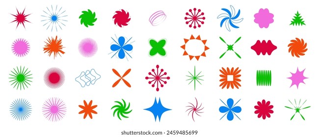 Modern abstract graphic design elements.Trendy Y2K Retro Badges Vector Design. Trendy abstract minimalist figures, stars, flowers, circles.