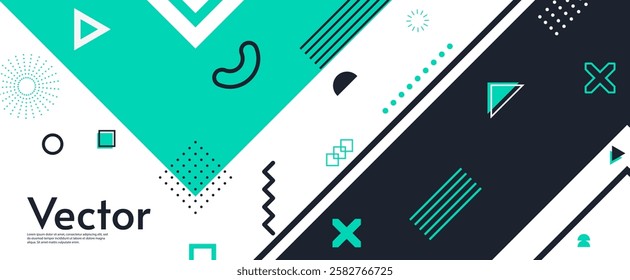 A modern abstract graphic design. Vector illustration. Minimalist composition with triangles, circles, and lines, perfect for banners, posters, templates.