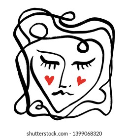 Modern abstract graphic element, stylish hand drawn black and white trendy line portrait art. Monochrome print for clothes, textile and other. Vector illustration, EPS