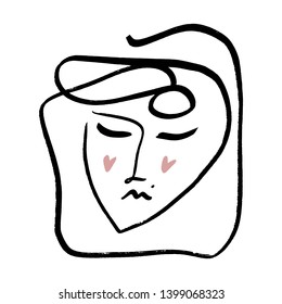 Modern abstract graphic element, stylish hand drawn black and white trendy line portrait art. Monochrome print for clothes, textile and other. Vector illustration, EPS