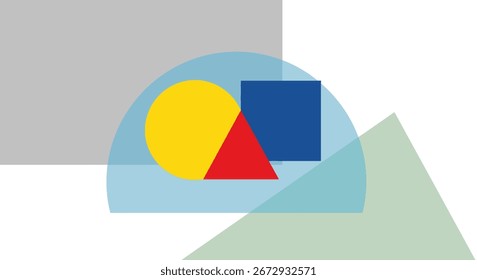 Un gráfico abstracto moderno con un círculo amarillo, triángulo rojo y cuadrado azul. Las Formas primarias se superponen dentro de un semicírculo azul claro translúcido.