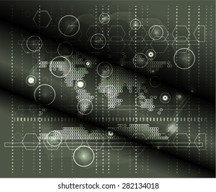 Modern, abstract, gray, black background, backdrop, poster with pattern and world map, lights 