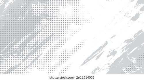 Modern Abstract Gray and White Grunge Halftone Background Design with Distressed Brushstrokes and Subtle Dot Patterns, Ideal for Text Overlay and Unique Graphic Projects