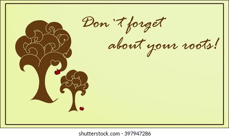 Modern abstract grey background or postcard contains trees with big crown, symbolize family, and place for text.
