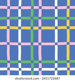 Modern Abstract Grid Pattern In Vivid Colors. Hand-Drawn Seamless Block Texture With Wobbly Lines and Squares. Organic Hand-Drawn Stripes Background