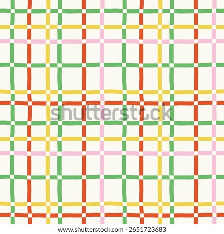 Modern Abstract Grid Pattern In Vivid Colors. Hand-Drawn Seamless Block Texture With Wobbly Lines and Squares. Organic Hand-Drawn Stripes Background